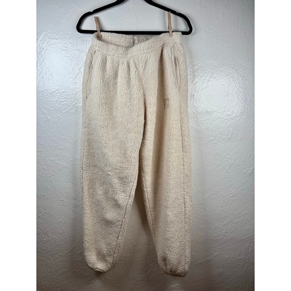 Adidas Sherpa Fleece Joggers Cream Small Trefoil Sweatpants Cozy Athleisure